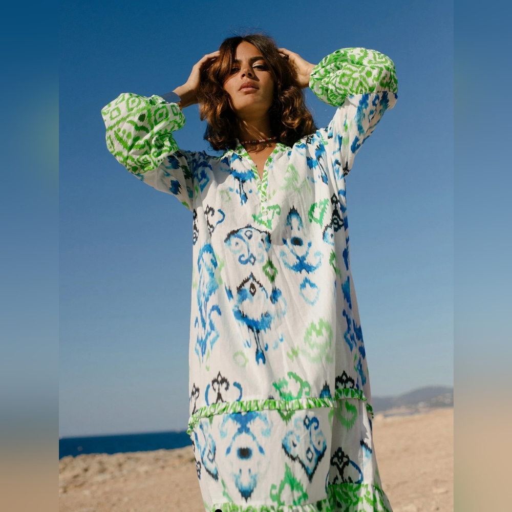 Eywasouls Malibu Alison emerald ethno oceanic tribe organic cotton dress xs/s